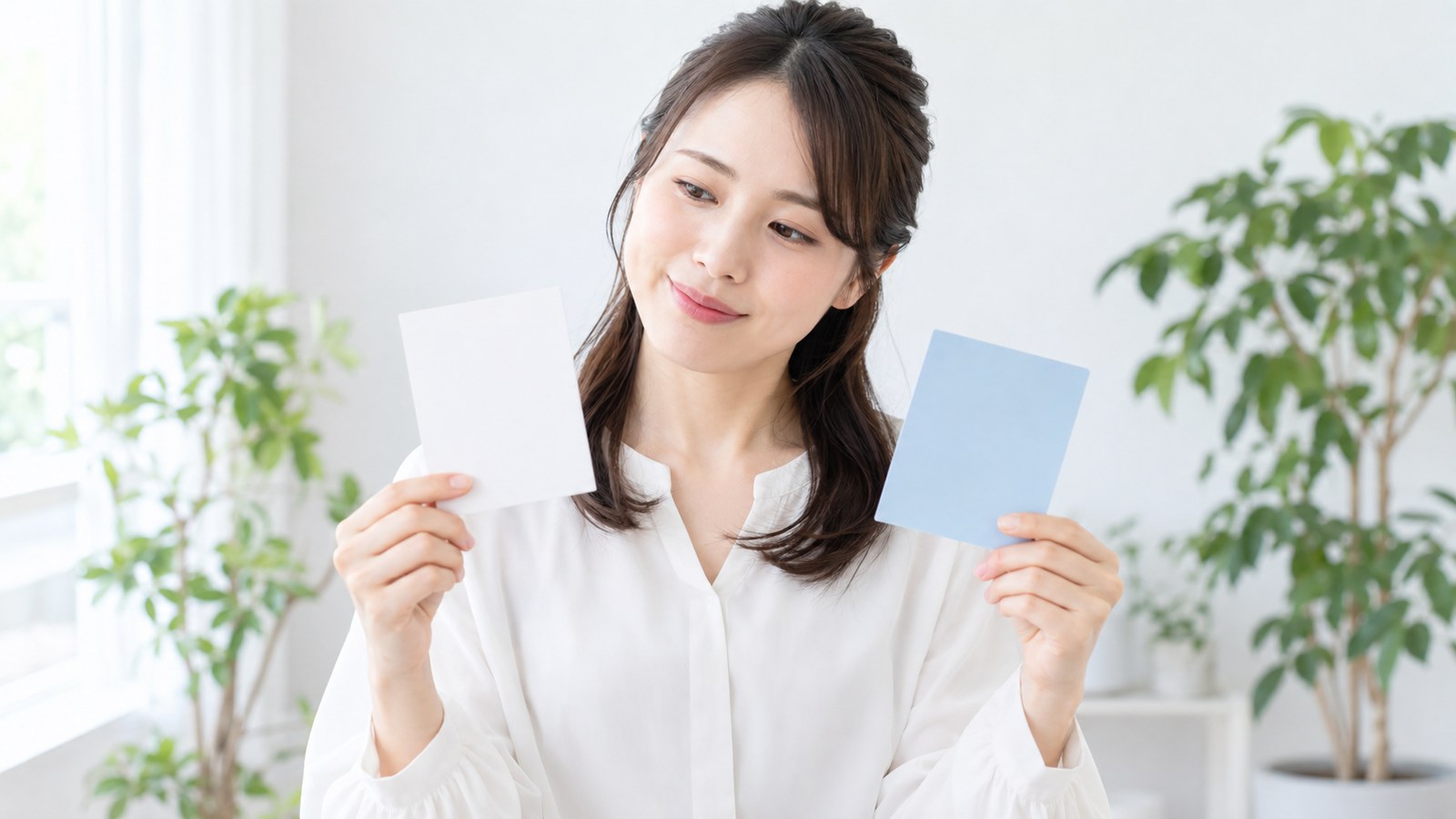 2枚のカードを両手に持って見比べる女性