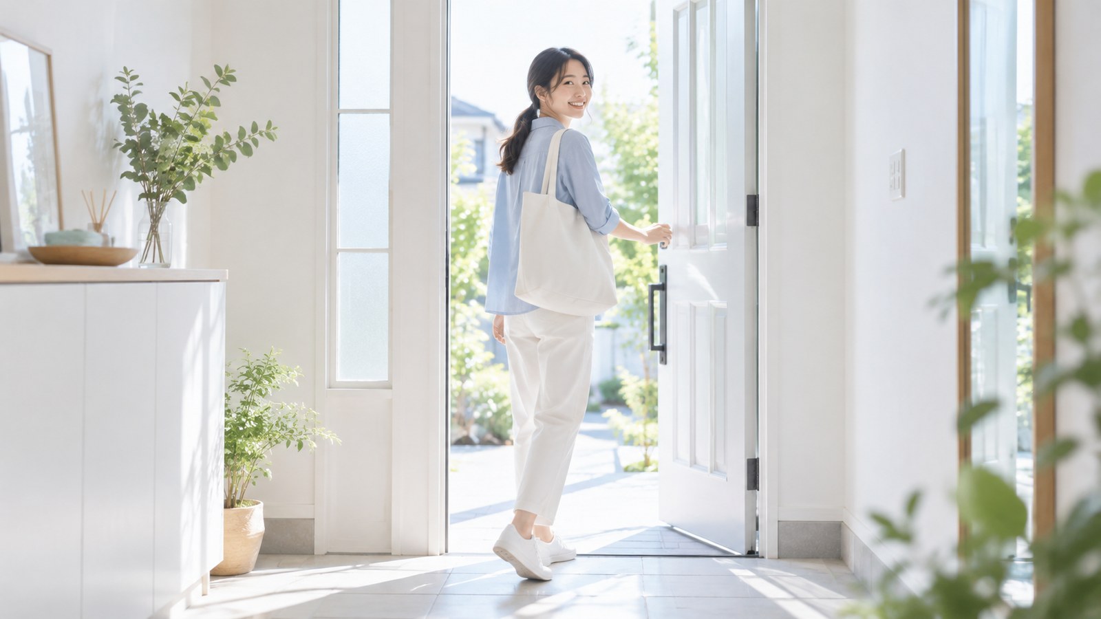 玄関のドアを開けて振り返り笑顔を見せる女性