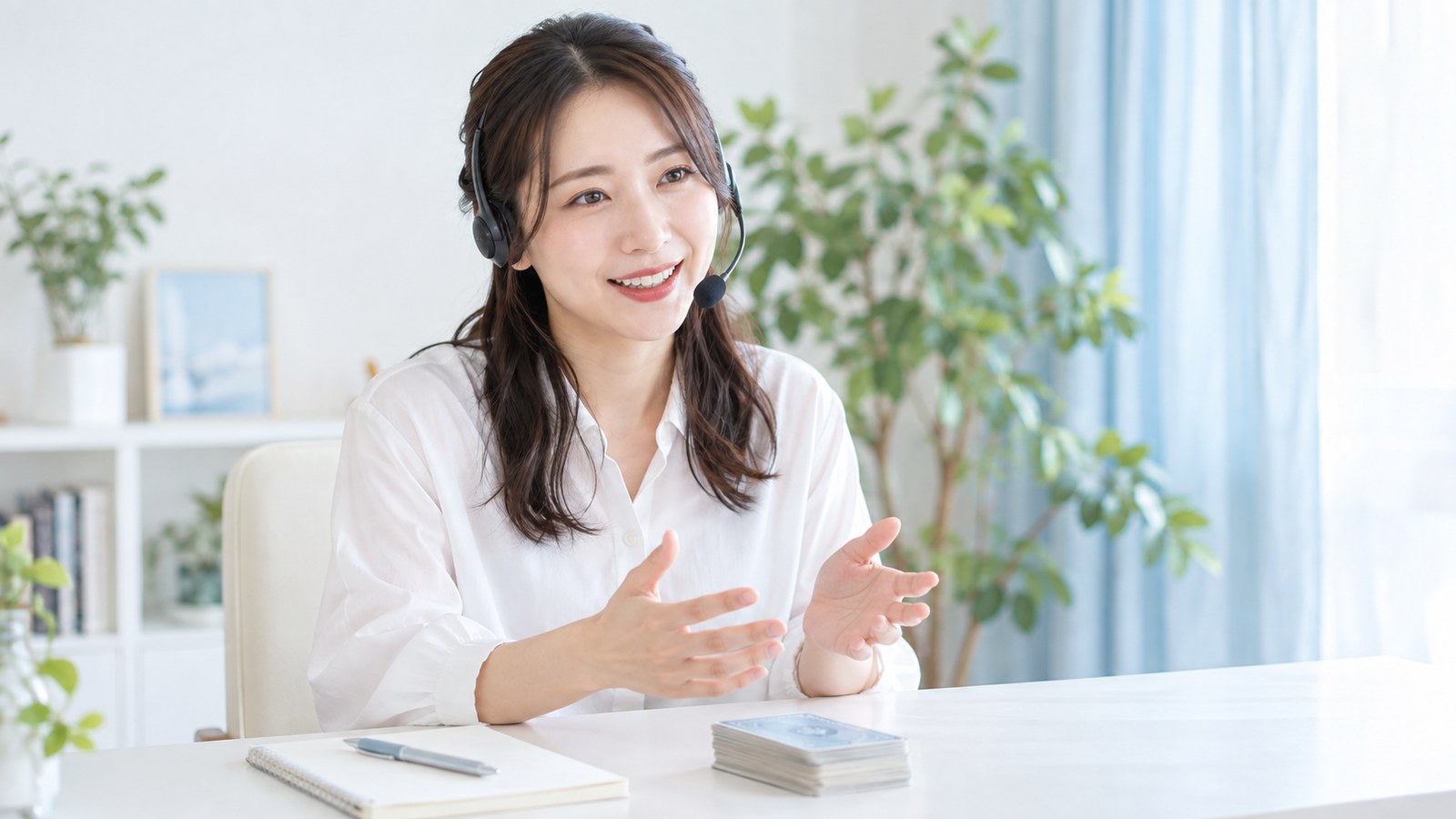 明るい部屋でヘッドセットをつけて話す占い師の女性