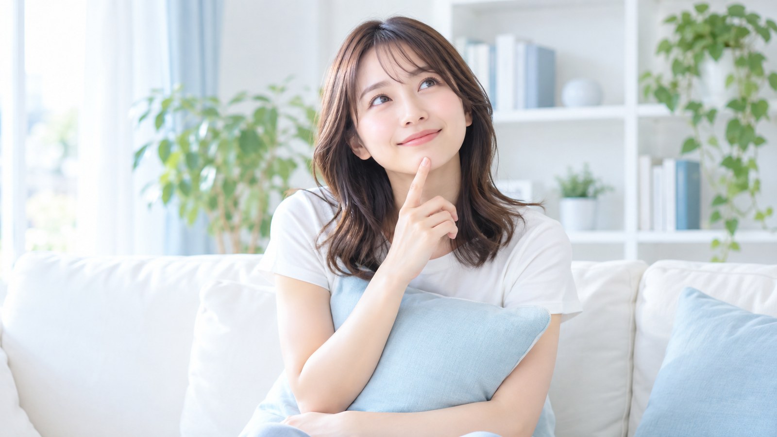 クッションを抱えて上を見上げ微笑む女性