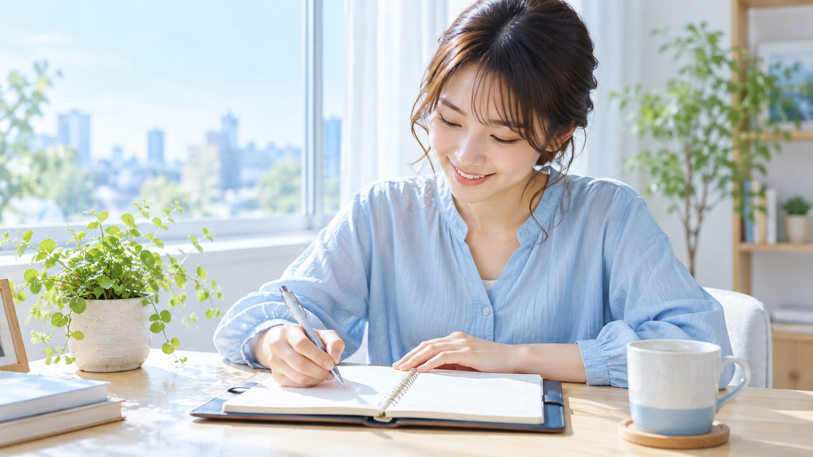 窓辺の机で手帳に予定を書き込む女性