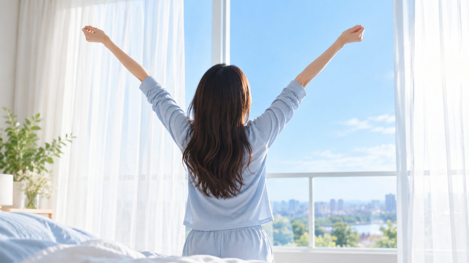 朝の窓辺で空に向かって背伸びをする女性