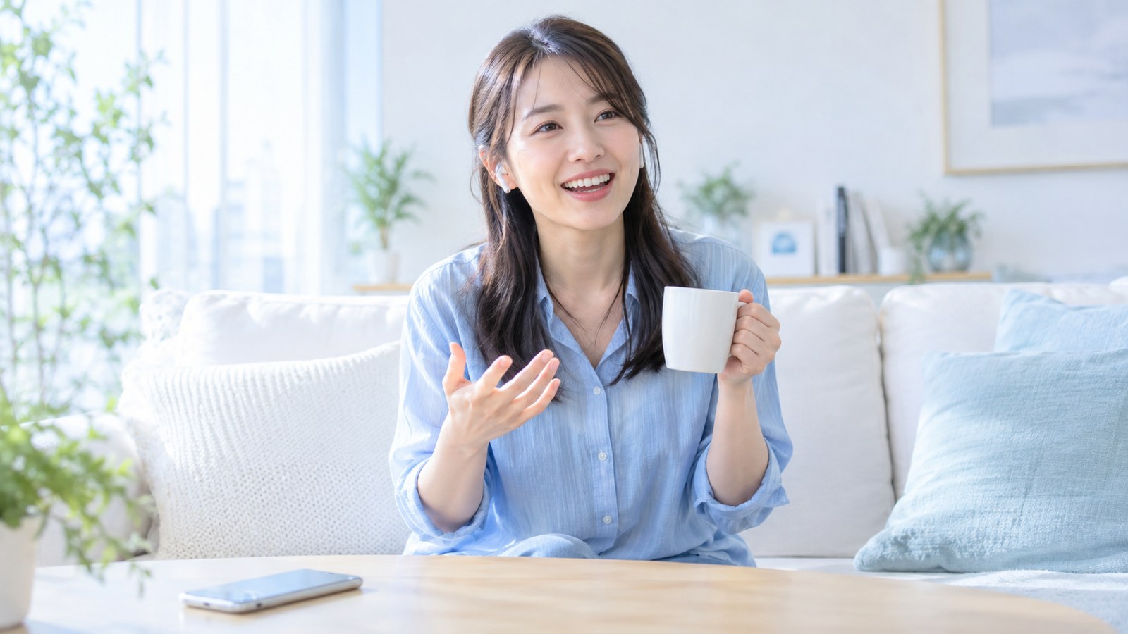 ソファでイヤホンをつけて楽しそうに話す女性